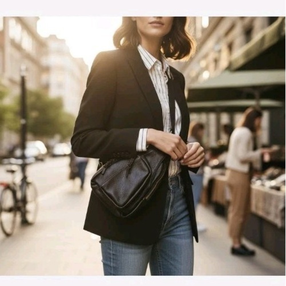 Antik Kraft unisex Classic Black Leather‎ Inner Pockets Sling Backpack travel